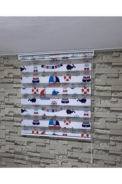 PERDECİNİZ Blue Lighthouse Printed Zebra Curtain (Set Flat Plain)