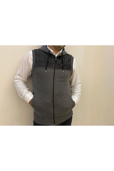 BENESSE Gray Three Thread Zippered Hooded Men's Vest