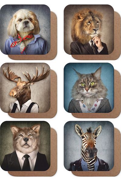Hayat Poster Animal Heads Illustration -1 Set of 6 Retro Wooden Coasters