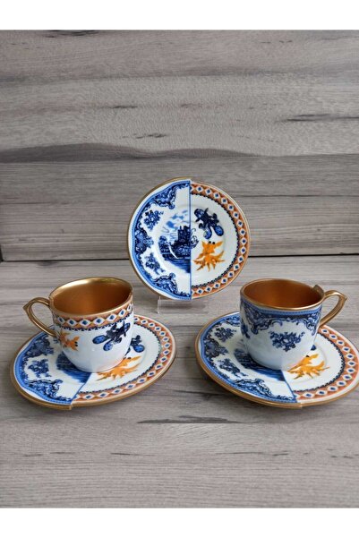 EMİRA HOME Hybrıd-1 - 6 Kişilik Çift Desenli Içi Gold Kahve Fincanı Seti