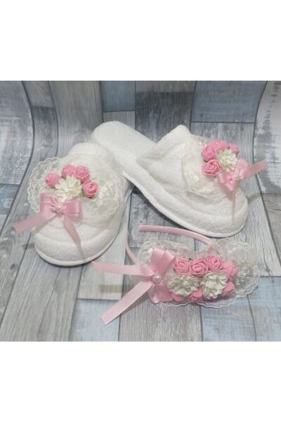 CAN BUTİK Canbutik Pink Laced Maternity Slippers and Crown Set
