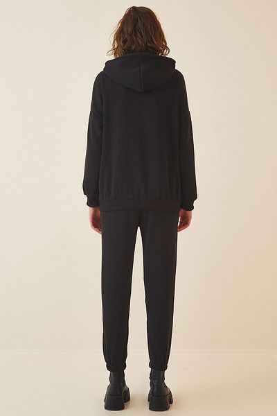 Happiness İstanbul Schwarzes Fleece-Trainingsanzug-Set mit Kapuze für Damen DD00762