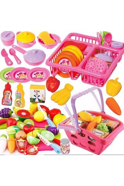 Depomiks Avm Toy Dish Rack Plate Pot + 14 Pieces Cuttable Fruits and Vegetables + Fruit Market Basket