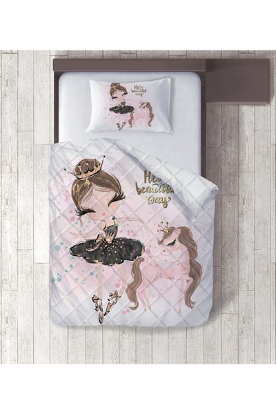 yok yok evim eve dair her şey Ballerina and Unicorn Patterned Digital Printed Single Quilt Set