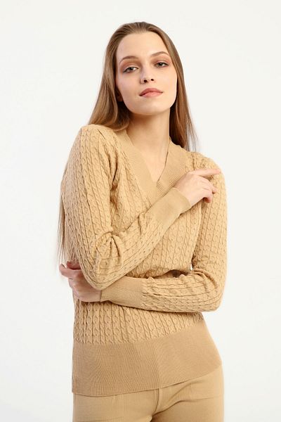 1Moda1Tarz Women's Mink V-Neck Hair Knitted Pattern Knitwear Bottom-top Suit Top Sweater Bottom Side Pocket Trousers Detailed Combination