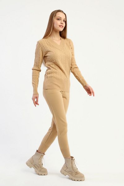 1Moda1Tarz Women's Mink V-Neck Hair Knitted Pattern Knitwear Bottom-top Suit Top Sweater Bottom Side Pocket Trousers Detailed Combination