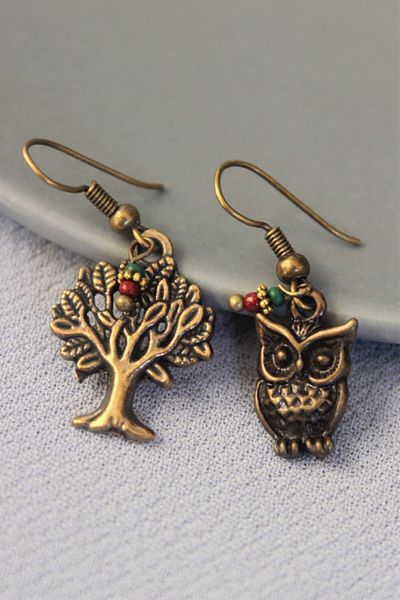 delay art Bohemian Ethnic Dangle Earrings - Owl and Tree Motif Bijouterie