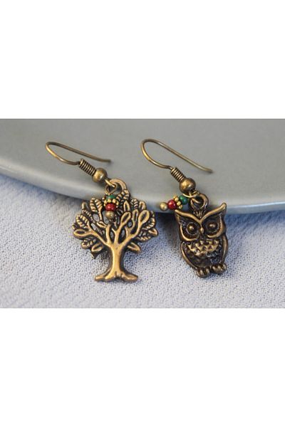 delay art Bohemian Ethnic Dangle Earrings - Owl and Tree Motif Bijouterie
