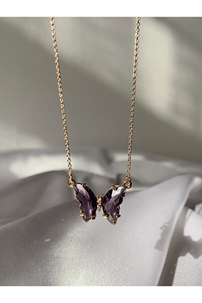 SWORDS CONCEPT Kadın Altın Kaplama Cam Kelebek Kolye Mor