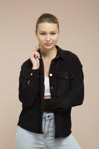 MEECY Kadın Siyah Kadife Hafif Oversize Gömlek