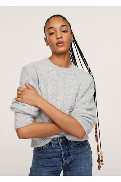 MANGO Woman Pulover împletit de damă, de culoare gri topit deschis