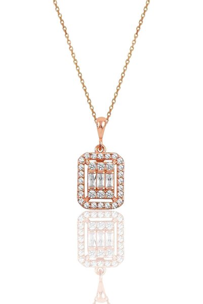 Eva Jewelry Baget Taşlı 14k Rose Altın Kaplama Kadın Kolye