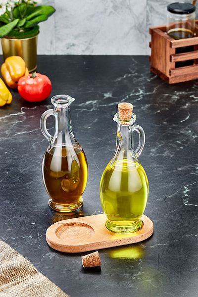 FBZhome 2 Pieces Glass Oil Bowl & Vinegar 500 ml Oil Pot with Mushroom Lid with Wooden Stand