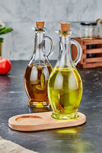 FBZhome 2 Pieces Glass Oil Bowl & Vinegar 500 ml Oil Pot with Mushroom Lid with Wooden Stand