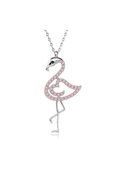 İNDİGO TAKI Pembe Taşlı Flamingo Beyaz Gümüş Kolye
