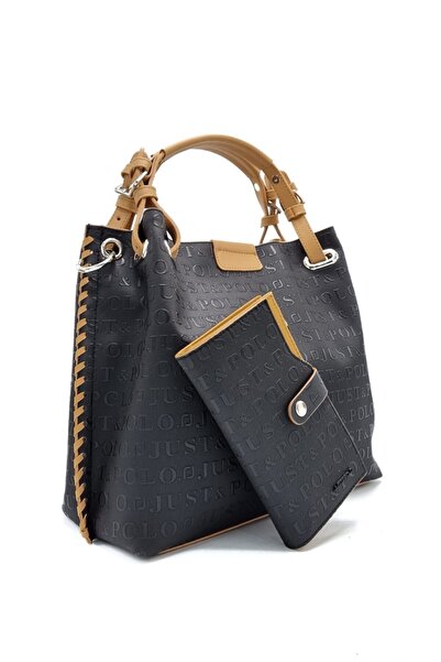 Just Polo طقم محفظة نسائية باللون الأسود مع حزام طويل قابل للتعديل