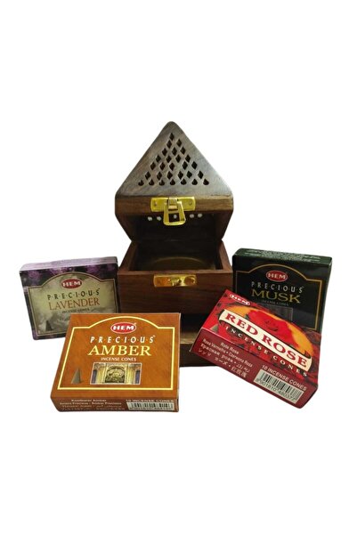 Hem 4'lü Konik Tütsü Seti Ahşap Buhur Tütsü Yakma Kutusu (40adetkoniktütsü)