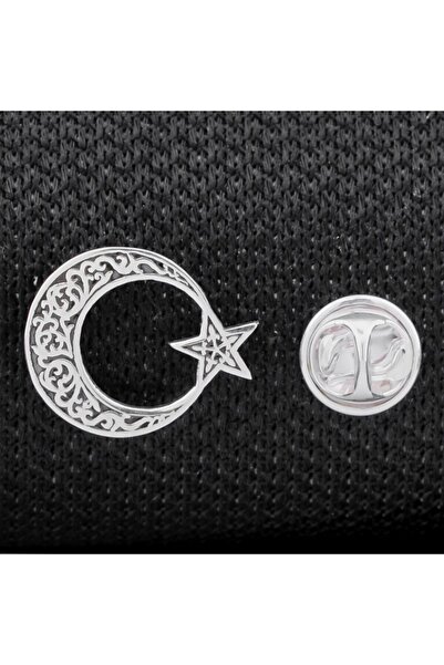 Takıhan Ayyıldız Desenli 925 Ayar Gümüş Rozet Yaka Iğnesi