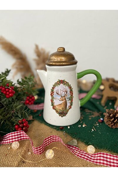 Handmadesign Kapaklı El Yapımı Seramik Sürahi - Yılbaşı Yeniyıl Geyikli Çelen...