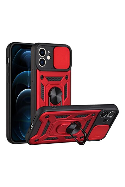 Fibaks iPhone 12 Pro Kılıf Kamera Korumalı Sürgülü Yüzüklü Armor Military Tan...