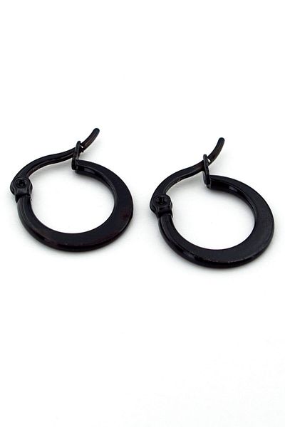 Solfera Flat Design Black Steel Unisex Men's Women's Hoop Earrings E971