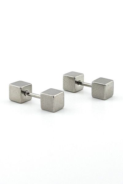 Solfera Silver Colored Cube Design Stainless Steel Men's Earrings E958