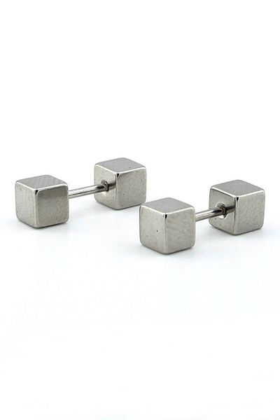 Solfera Silver Colored Cube Design Stainless Steel Men's Earrings E958