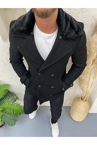 leonmen Italyan Stil Kürk Detaylı Kruvaze Yaka Kaban