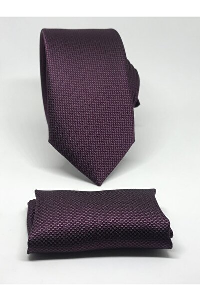 Kravat Gezegeni Mürdüm Renk Mendilli Slim Fit Oxford Kuş Gözü Desen Kravat