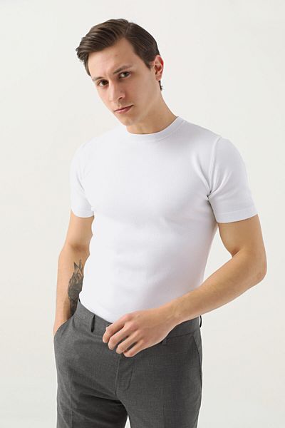 Twn Slim Fit Λευκό Απλό Πλεκτό Ραγιόν Πλεκτό T-shirt