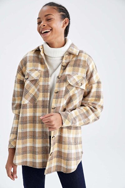 DeFacto Relax Fit καρό μοτίβο τσέπης Λεπτομερές φανελένιο πουκάμισο ξυλοκόπο τουνίκ