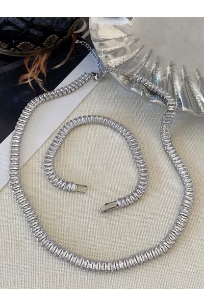 NGM Lüks Su Yolu Gümüş Kaplama Baget Taşlı Kolye Ve Bileklik Seti