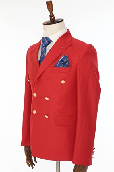 Dewsa Plus Sivri Yaka Metal Düğmeli Çift Yırtmaç Slimfit Düz Kırmızı Kruvaze Takım Elbise