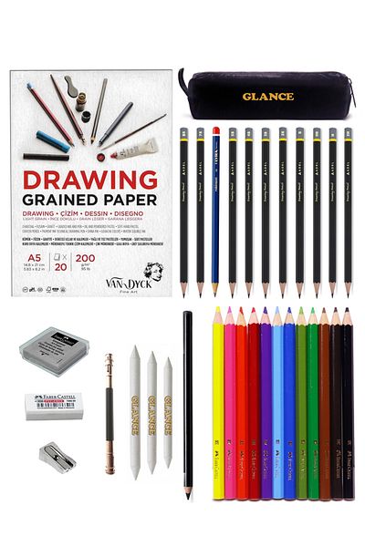 GLANCE Van Dyck 200 Gr A5 Adel Charcoal and Faber Dried Color Pencil Sketch Set with Sketchbook