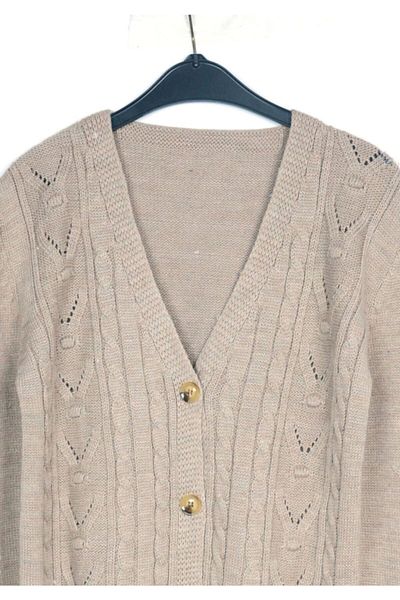 Lafaba Beige gestrickte, detaillierte Charmed-Strickjacke für Damen