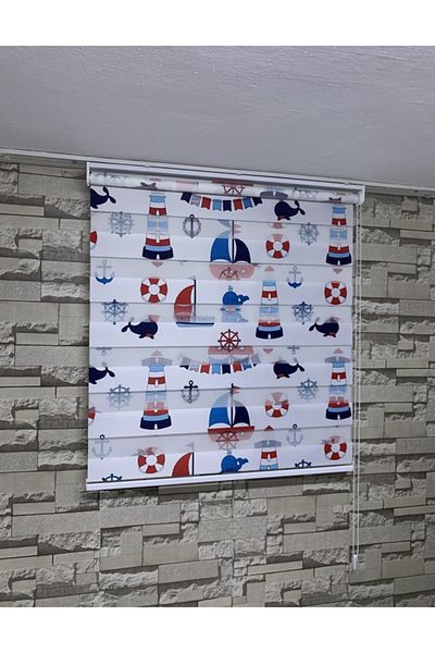 PERDECİNİZ Blue Lighthouse Printed Zebra Curtain (Set Flat Plain)