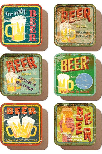 Hayat Poster Eskitilmiş Vintage Bira Temalı 6lı Retro Ahşap Bardak Altlığı Seti