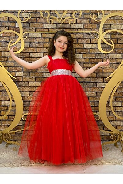 Pumpido Kız Çocuk Kırmızı Askılı Uzun Abiye Elbise