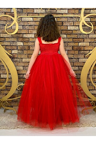 Pumpido Kız Çocuk Kırmızı Askılı Uzun Abiye Elbise