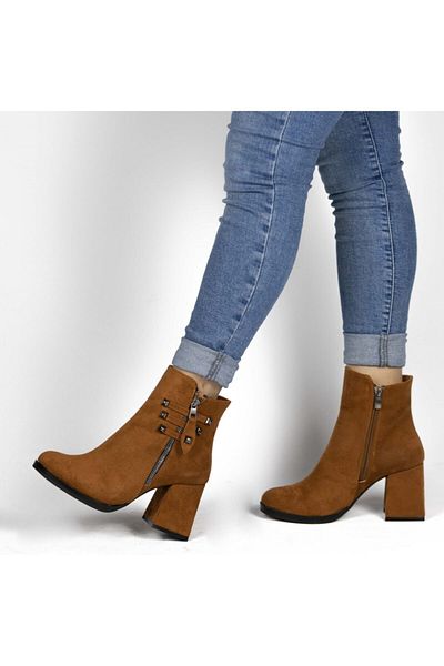 MixBrand Cizme de zi cu zi cu fermoar, cu toc scurt, din piele intoarsa, maro