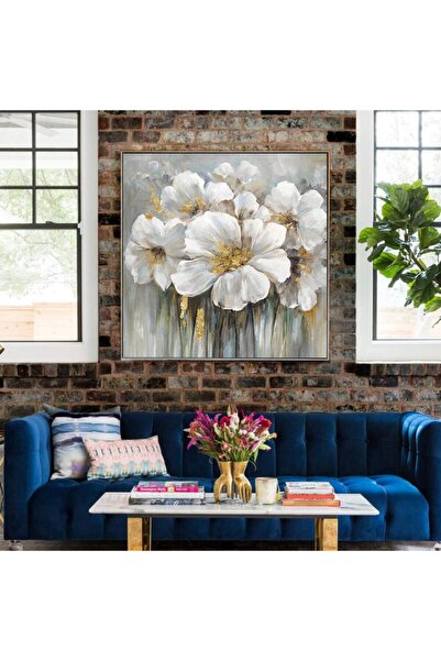 Markazip Gümüş Metal Çerçeveli Beyaz Çiçek Kanvas Tablo Kod: K896-g