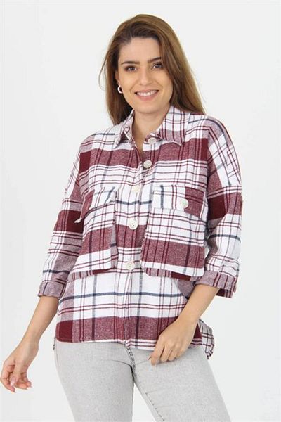 Neşeli Butik Cămașă de lemne în carouri cu buzunar cu mâneci pliabile pentru femei Nb9020