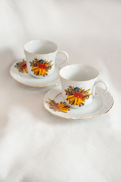 Bursa Porselen Dekor New Year Series Gold Gilded Christmas Bell Set of Two Tea Cups