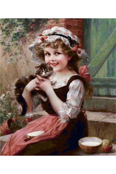 MARCEL SANAT Little Girl and Her Cat Marcel Art Diamond Mosaic Painting 46X53Cm