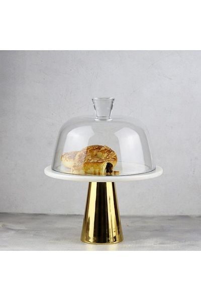 Akayev Marble 25 Cm Gold Conical Foot White Glass Bell Jar