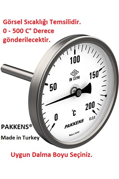 Pakkens Çap Ø100mm 500 C° Derece 25 Cm Dalma Boylu, Fırın, Taş Fırın Termomet...