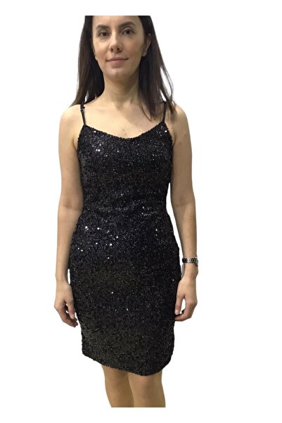 HaiModa Kadın Elbise Siyah Pullu Askılı