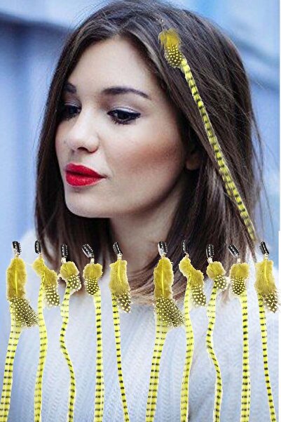 PRODİVA Hair Accessory Clip-On Synthetic Pheasant Feather Yellow – 10 Pieces/...