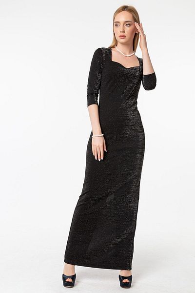 Laranor Black Princess Collar Glittery Crepe Fabric Slit Detailed Dress
