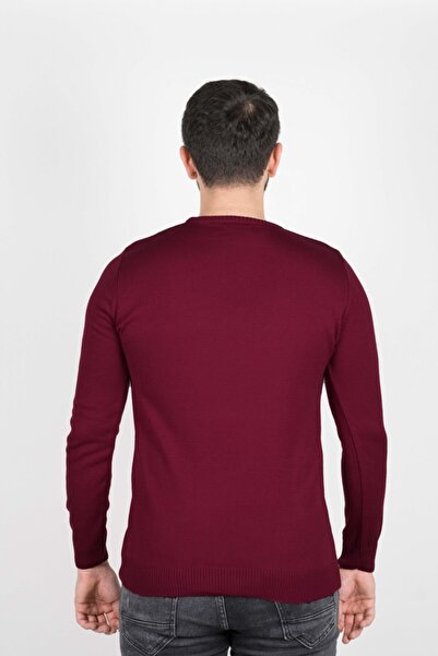 Çizgi Triko Regular Men's Knitwear Plum Sweater with Crew Neck Sleeves and Elastic Waist Winter